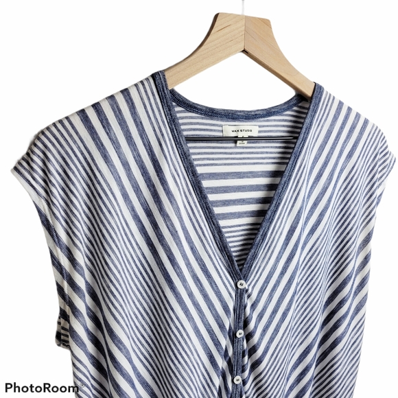 Max Studio | Blue White Stripes Tie Waist Summer Top Small Shirt - Picture 3 of 9